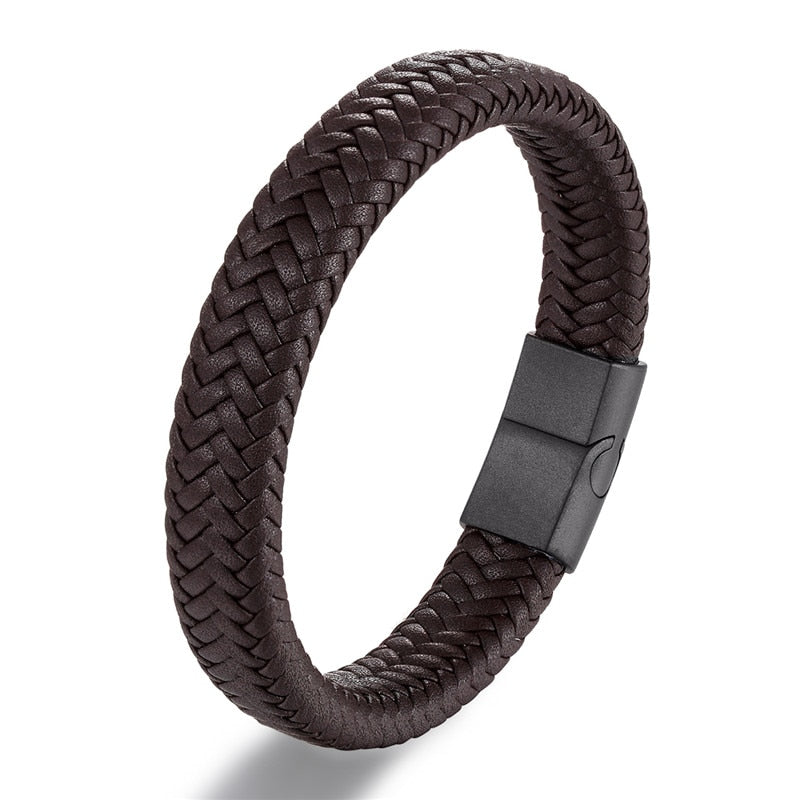 MKENDN Punk Men Leather Bracelet Black Stainless Steel Magnetic Clasp Braided Woven Bangle Pulseras lovers' gift