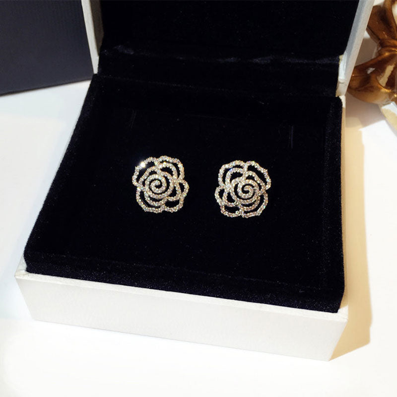 Famous Luxury Brand Designers Jewelry Elegant Full Crystal Flower Stud Earrings For Women Quality Rose Earring