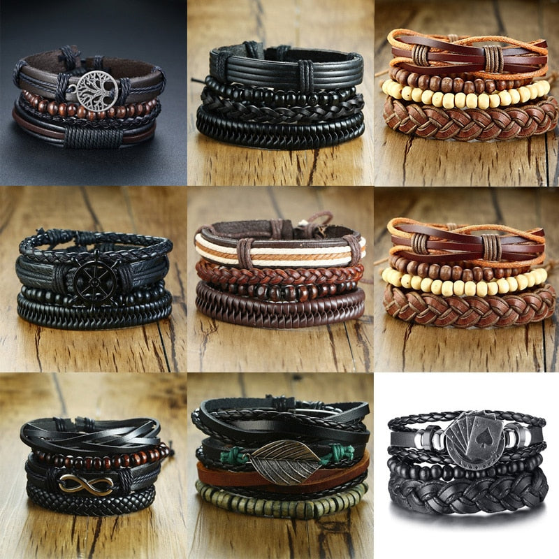 Vnox 4Pcs/ Set Braided Wrap Leather Bracelets for Men Vintage Life Tree Rudder Charm Wood Beads Ethnic Tribal Wristbands