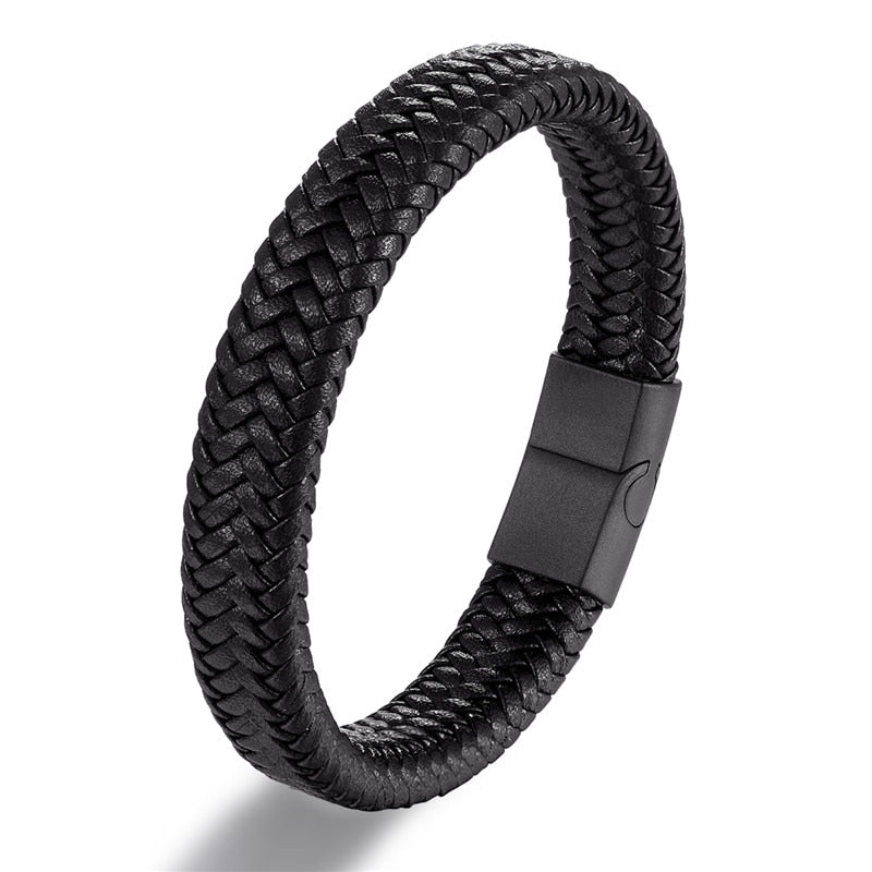 MKENDN Punk Men Leather Bracelet Black Stainless Steel Magnetic Clasp Braided Woven Bangle Pulseras lovers' gift