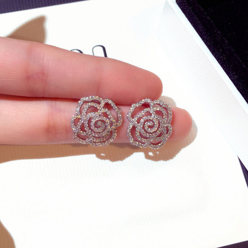 Famous Luxury Brand Designers Jewelry Elegant Full Crystal Flower Stud Earrings For Women Quality Rose Earring