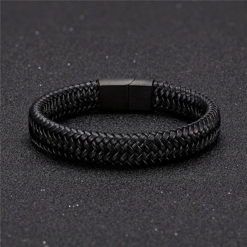 MKENDN Punk Men Leather Bracelet Black Stainless Steel Magnetic Clasp Braided Woven Bangle Pulseras lovers' gift