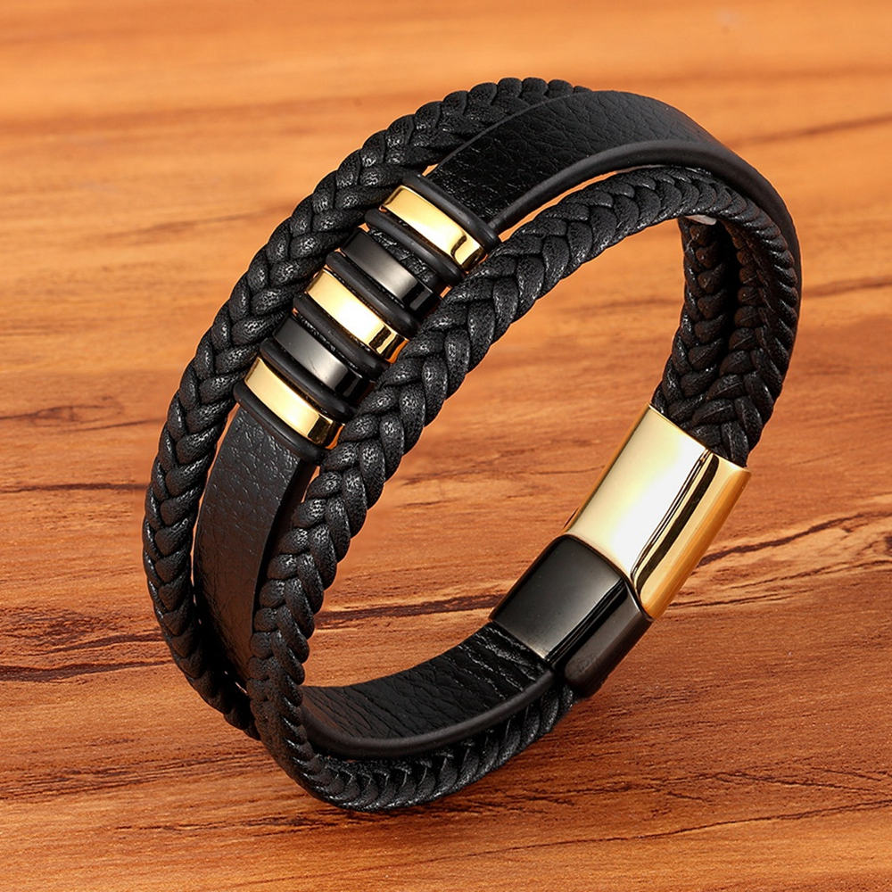 XQNI 3 Layers Black Punk Style Design Leather Bracelet for Men Stainless Steel Magnetic Button Birthday Gift Male Bracelets