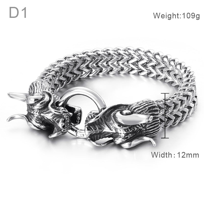 Fongten Hiphop Dragon Bracelet For Men Stainless Steel Heavy Charm Punk Men's Jewelry Mesh Link Chain Male Wrist Bracelets