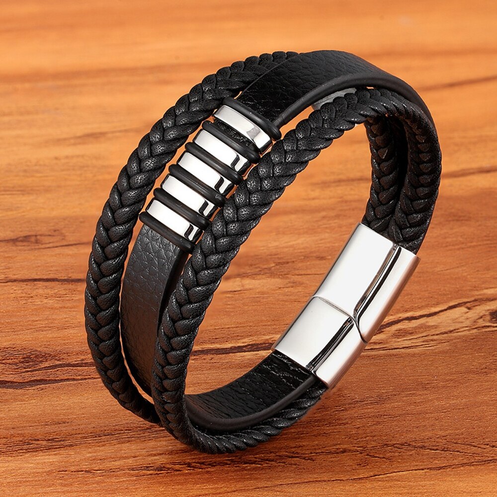 XQNI 3 Layers Black Punk Style Design Leather Bracelet for Men Stainless Steel Magnetic Button Birthday Gift Male Bracelets