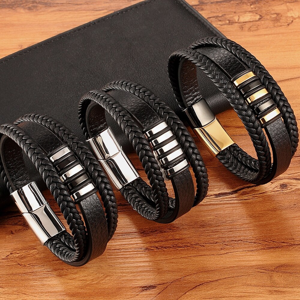 XQNI 3 Layers Black Punk Style Design Leather Bracelet for Men Stainless Steel Magnetic Button Birthday Gift Male Bracelets