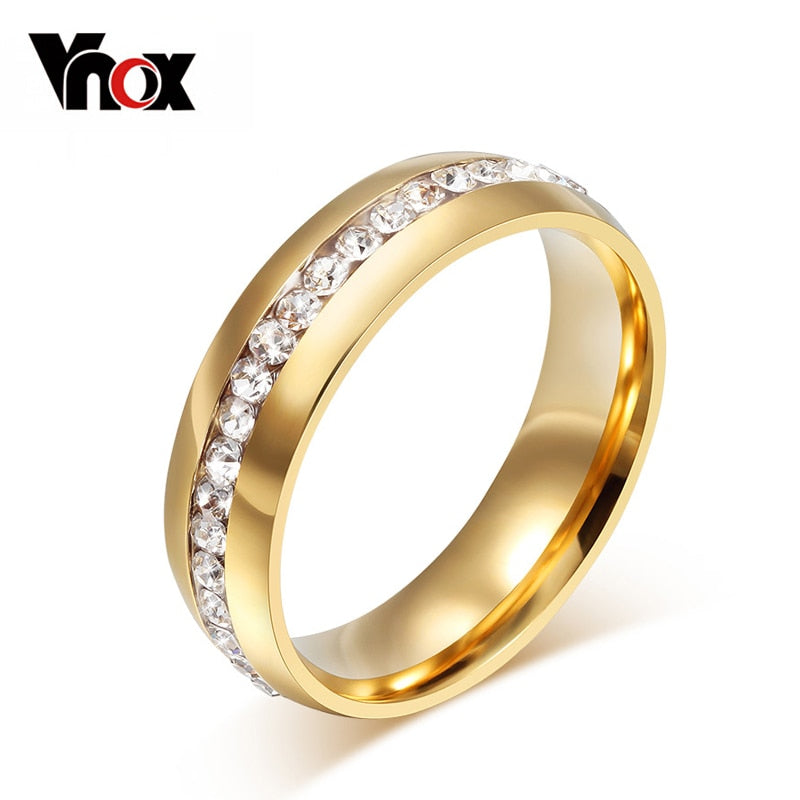 Vnox Classic gold color crystal wedding ring for women 6mm stainless steel engagement female finger Jewelry