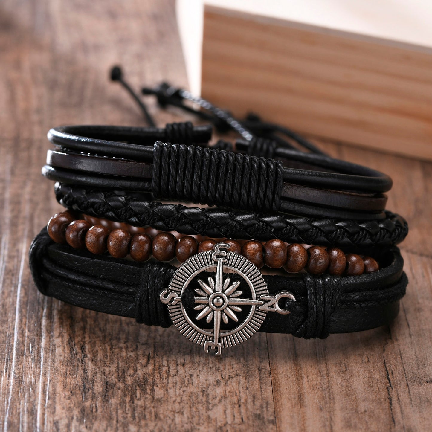 Vnox 4Pcs/ Set Braided Wrap Leather Bracelets for Men Vintage Life Tree Rudder Charm Wood Beads Ethnic Tribal Wristbands