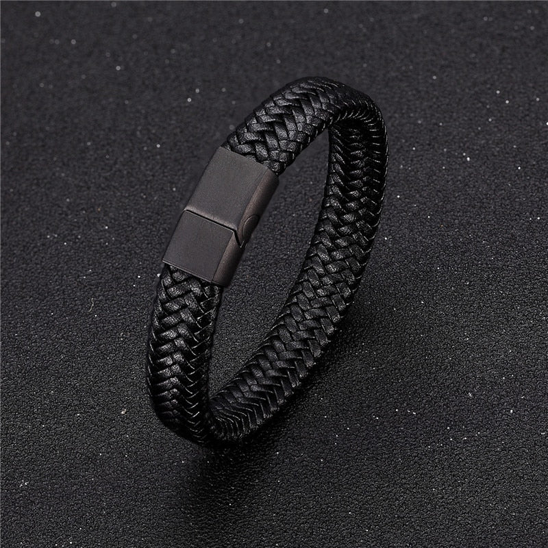 MKENDN Punk Men Leather Bracelet Black Stainless Steel Magnetic Clasp Braided Woven Bangle Pulseras lovers' gift