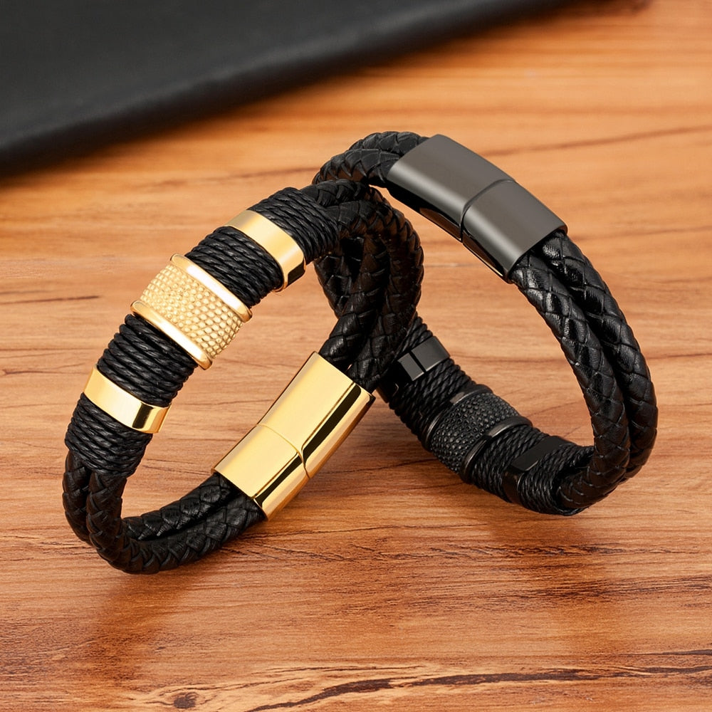 XQNI Woven Leather Rope Wrap Special Style Classic Stainless Steel Men's Leather Bracelet Double-layer Design DIY Customization