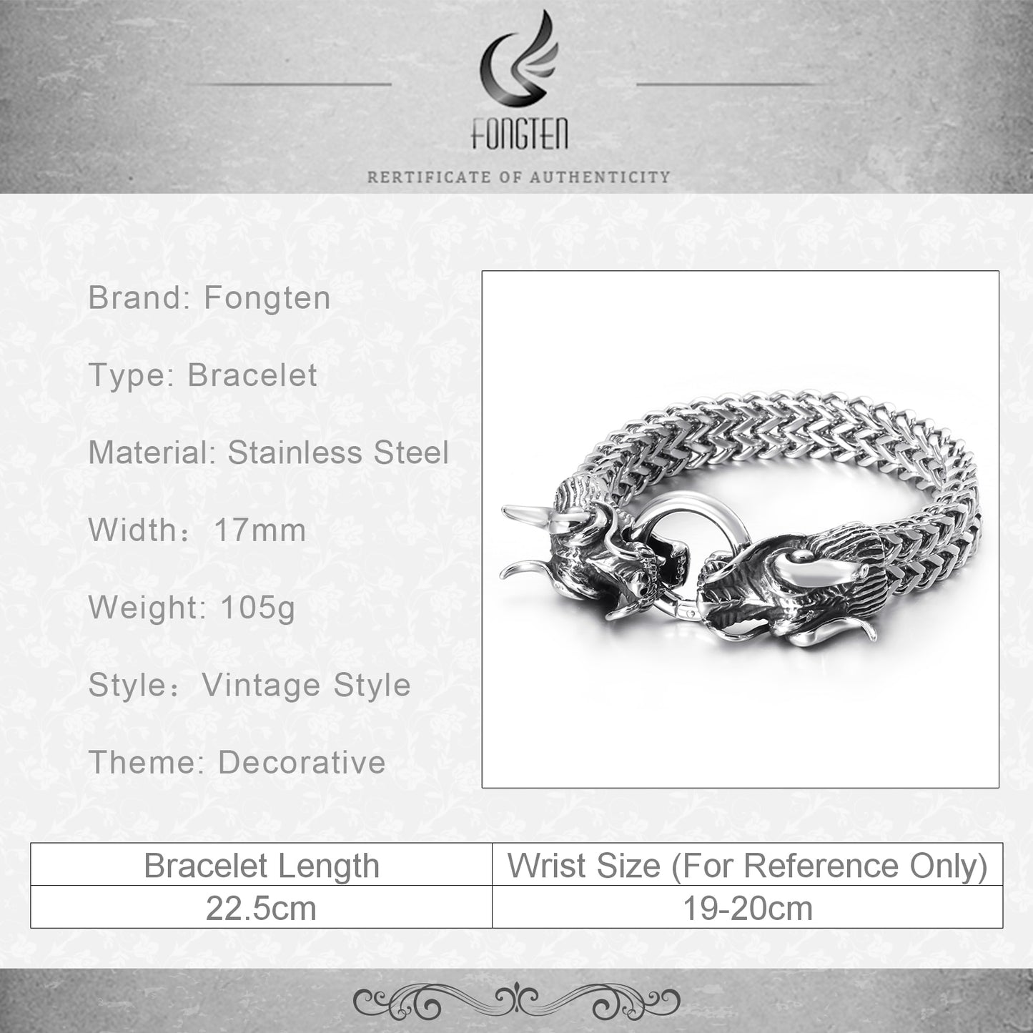 Fongten Hiphop Dragon Bracelet For Men Stainless Steel Heavy Charm Punk Men's Jewelry Mesh Link Chain Male Wrist Bracelets