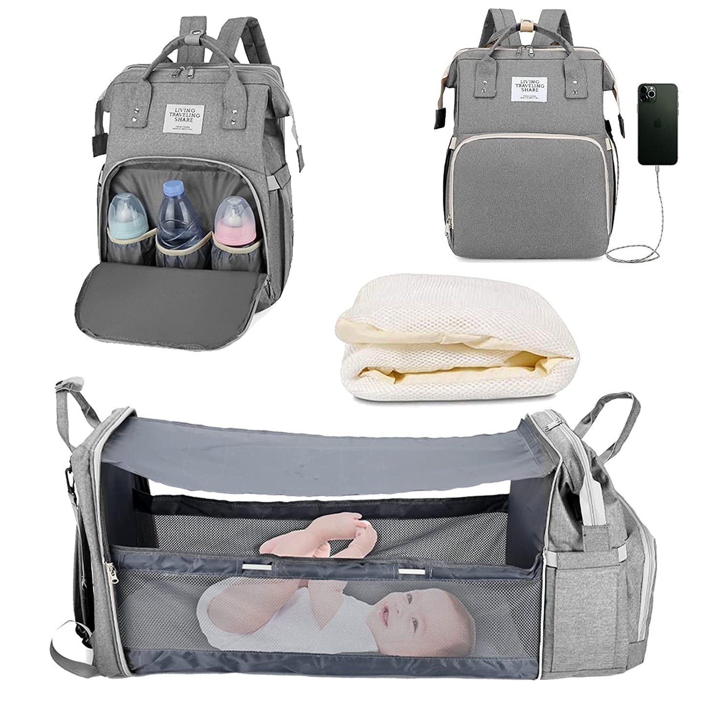 2020 Fashion Portable Folding Crib Diaper Bag Multi-Function Large Capacity Baby Backpack Diaper Bag Baby Stroller Organizer Bag