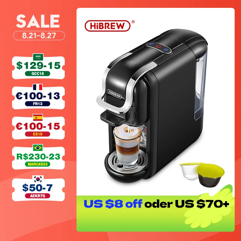 HiBREW Coffee Machine 19Bar 4in1 Multiple Capsule Expresso  Cafetera Dolce Milk&Nexpresso Capsule ESEpod  Ground Coffee Pod H2