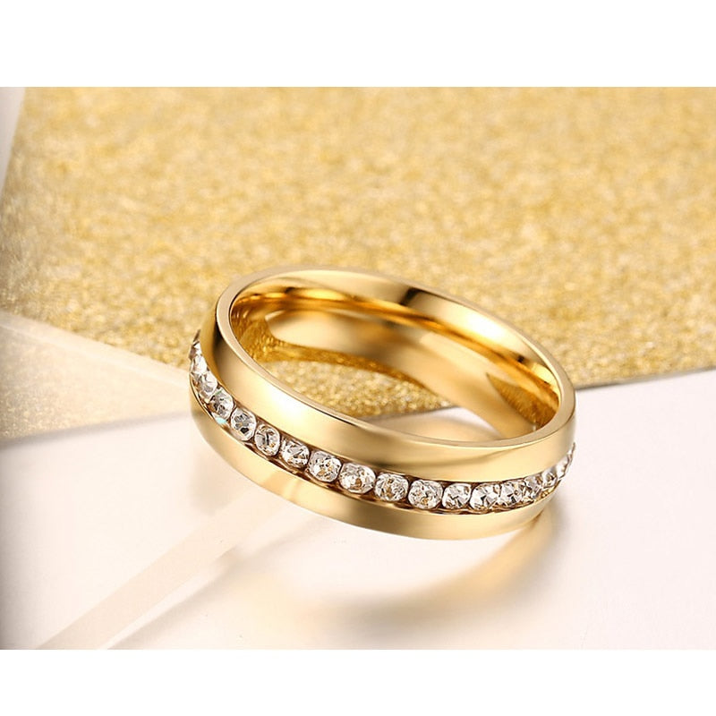 Vnox Classic gold color crystal wedding ring for women 6mm stainless steel engagement female finger Jewelry